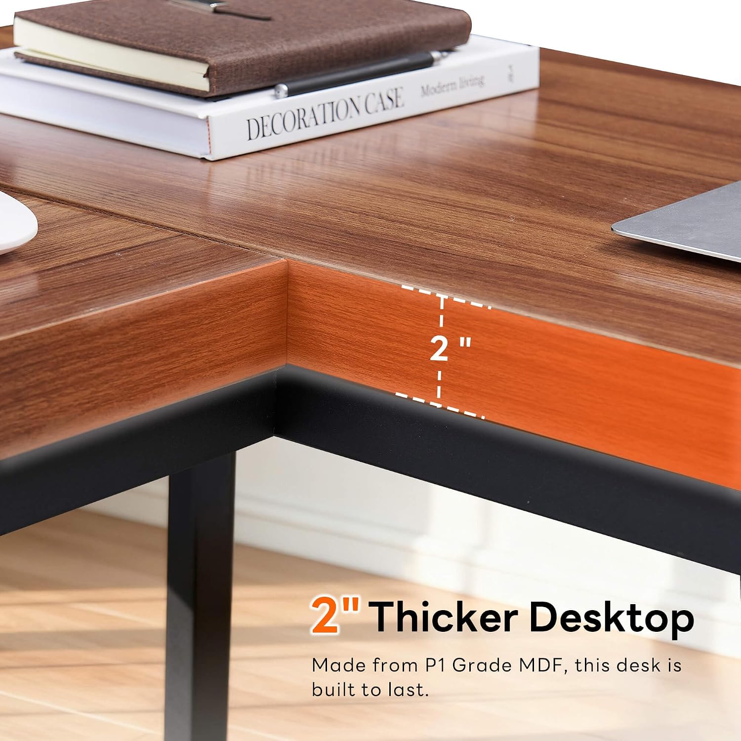ivinta L Shaped Desk, Modern Corner Home Office Computer Desk with 2' Thicker Desktop for Study Work, Simple Reversible Worksation with Metal Frame for Bedroom Living Room Novas (Light Brown)