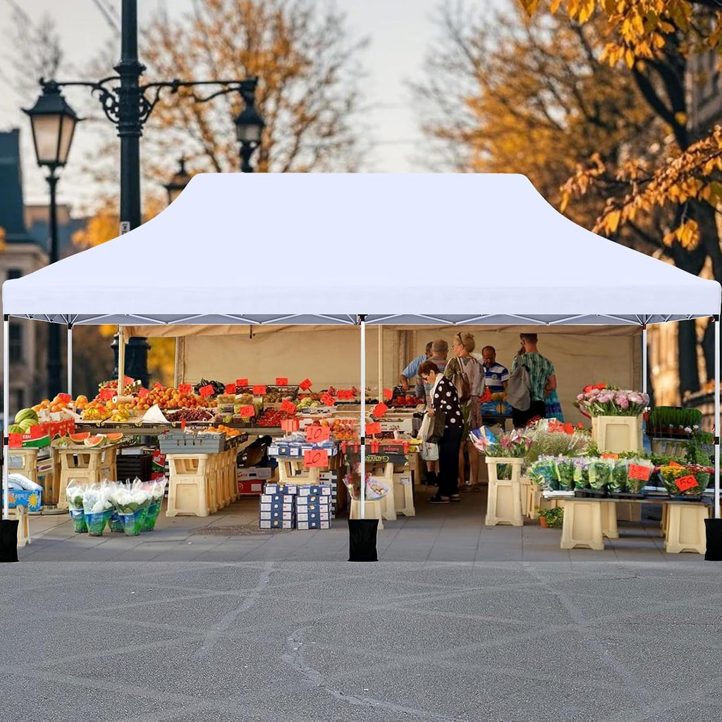 Tangkula 10x20 Ft Pop Up Canopy, Instant Setup Tent with 6 Sandbags, 12 Stakes & 6 Ropes, UPF 50+ Portable Outdoor Canopy Tent with Carrying Bag for Camp, Beach, Patio (White)