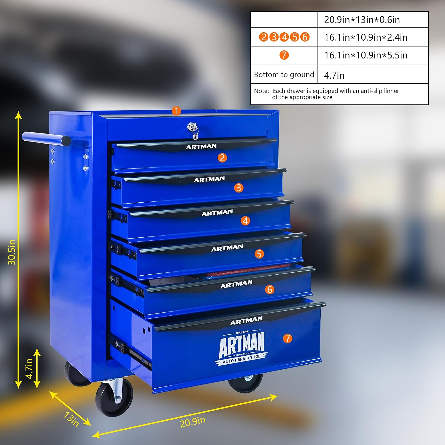 Rolling Tool Box with Wheels, Mechanics Tool Chest with 6 Drawers, Tool Box Organizer with 7 Tool Storage Boxes, Lockable Tool Storage Cabinet for Home Garage Workshop Warehouse Repair Shop, Blue