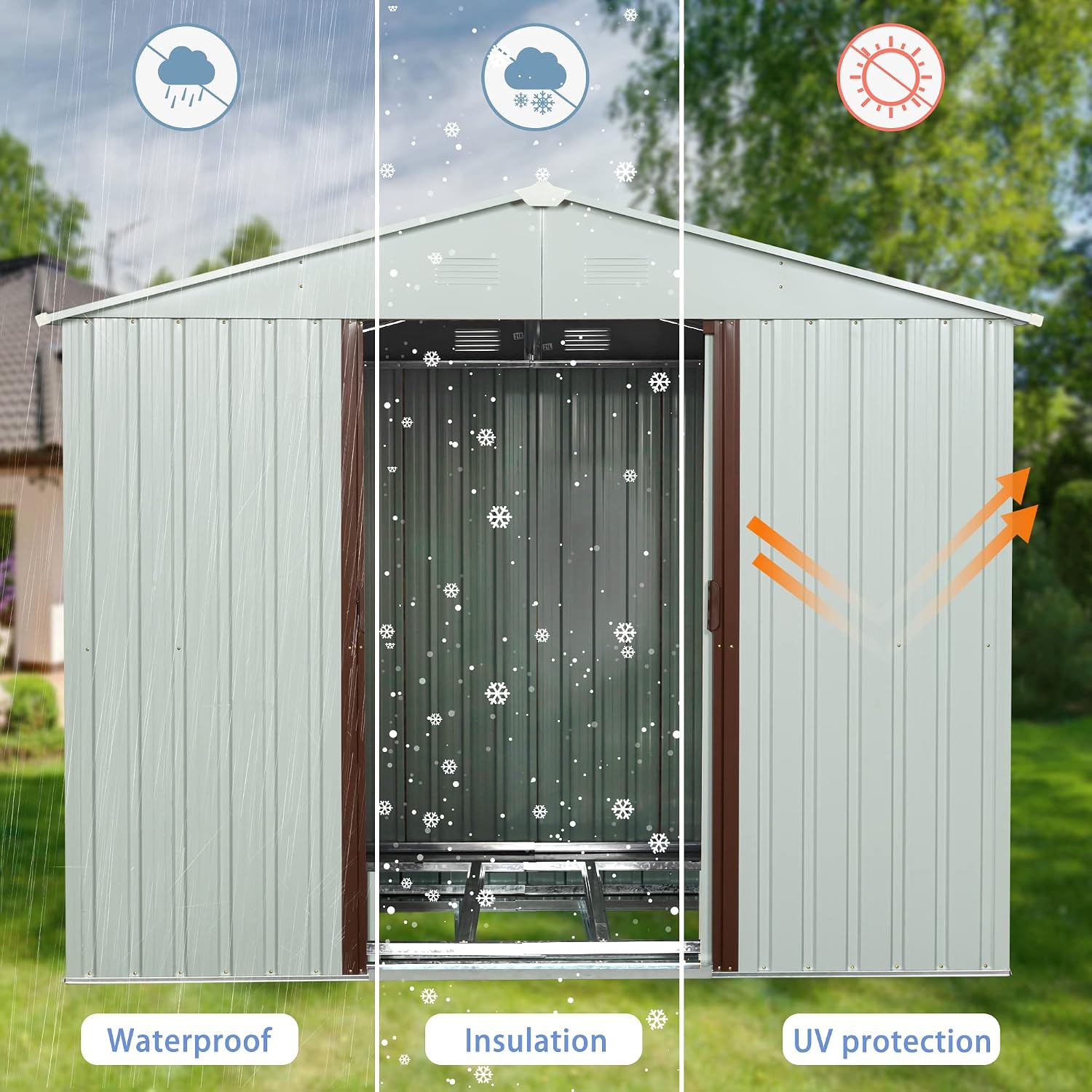 YOPTO 8x4 FT Outdoor Storage Shed,Metal Tool Cabinet with Foundation and Vents,Sliding Doors & Padlock,Waterproof Oversized Shelter for Shovels,Umbrellas,White