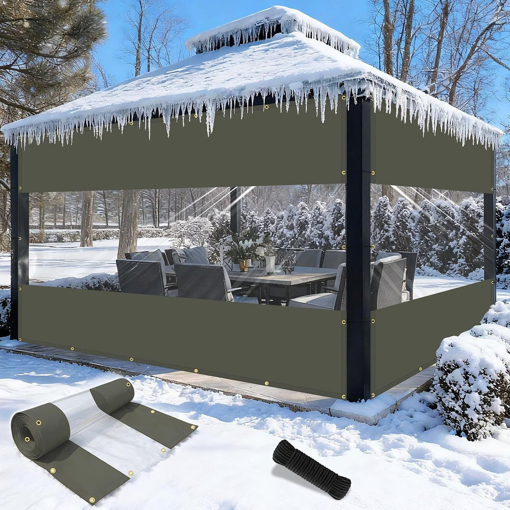 Shade&Beyond Outdoor Vinyl Curtain, 12'W x 16'L Heavy Duty Clear Tarp with Grommets Waterproof, Privacy Clear Panel UV-Resistant for Pergola Gazebos Porch Enclosure Patio(Customized Size, Gray)
