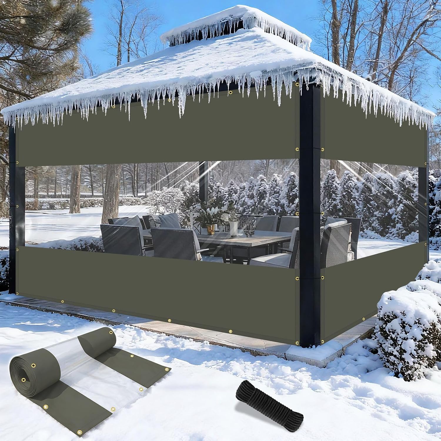 Shade&Beyond Outdoor Vinyl Curtain, 12'W x 16'L Heavy Duty Clear Tarp with Grommets Waterproof, Privacy Clear Panel UV-Resistant for Pergola Gazebos Porch Enclosure Patio(Customized Size, Gray)