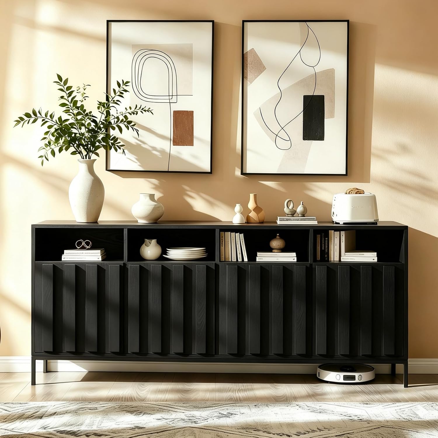 COCO DESIGN 70' Fluted TV Stand with Power Outlet for TVs up to 80', Modern Entertainment Center with Adjustable Shelves, Media Console Table with Storage for Living Room, Black