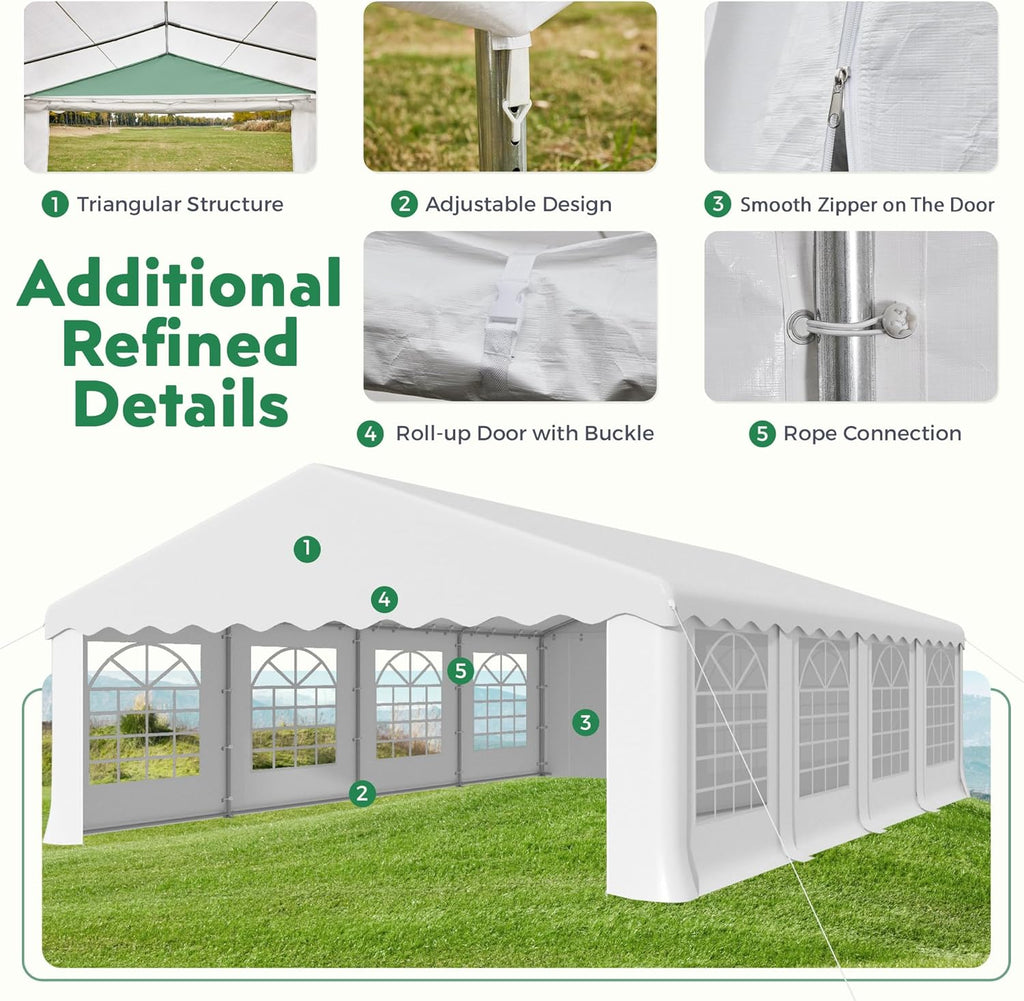 EROMMY 20x30ft Party Tent, Heavy Duty Large Wedding Canopy Outdoor Carport with 8 Removable Sidewalls, 2 Roll-up Doors, 3 Storage Bags, Gazebo Shelter Tent for Party Event Commercials, White