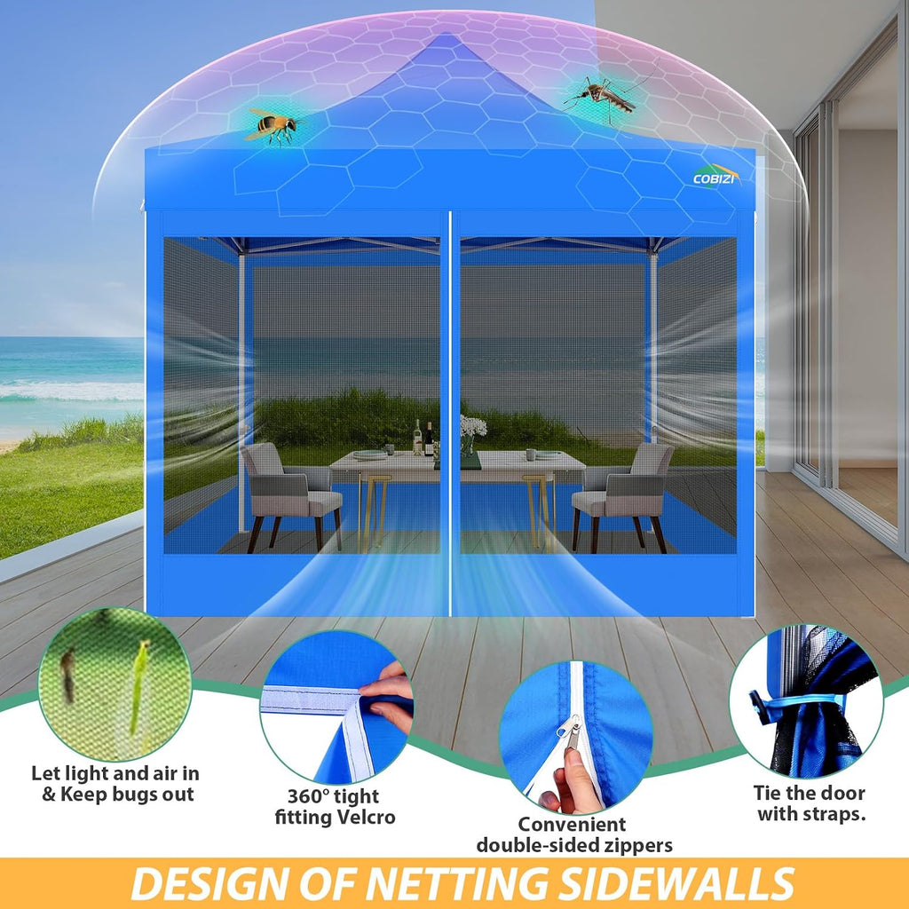 COBIZI 10x10 Canopy Tent with 4 Sidewalls,Heavy Duty Pop up Canopy with Mosquito Netting,Easy up Screen Tent for Parties Wedding Outdoor Camping with Handbag,Blue
