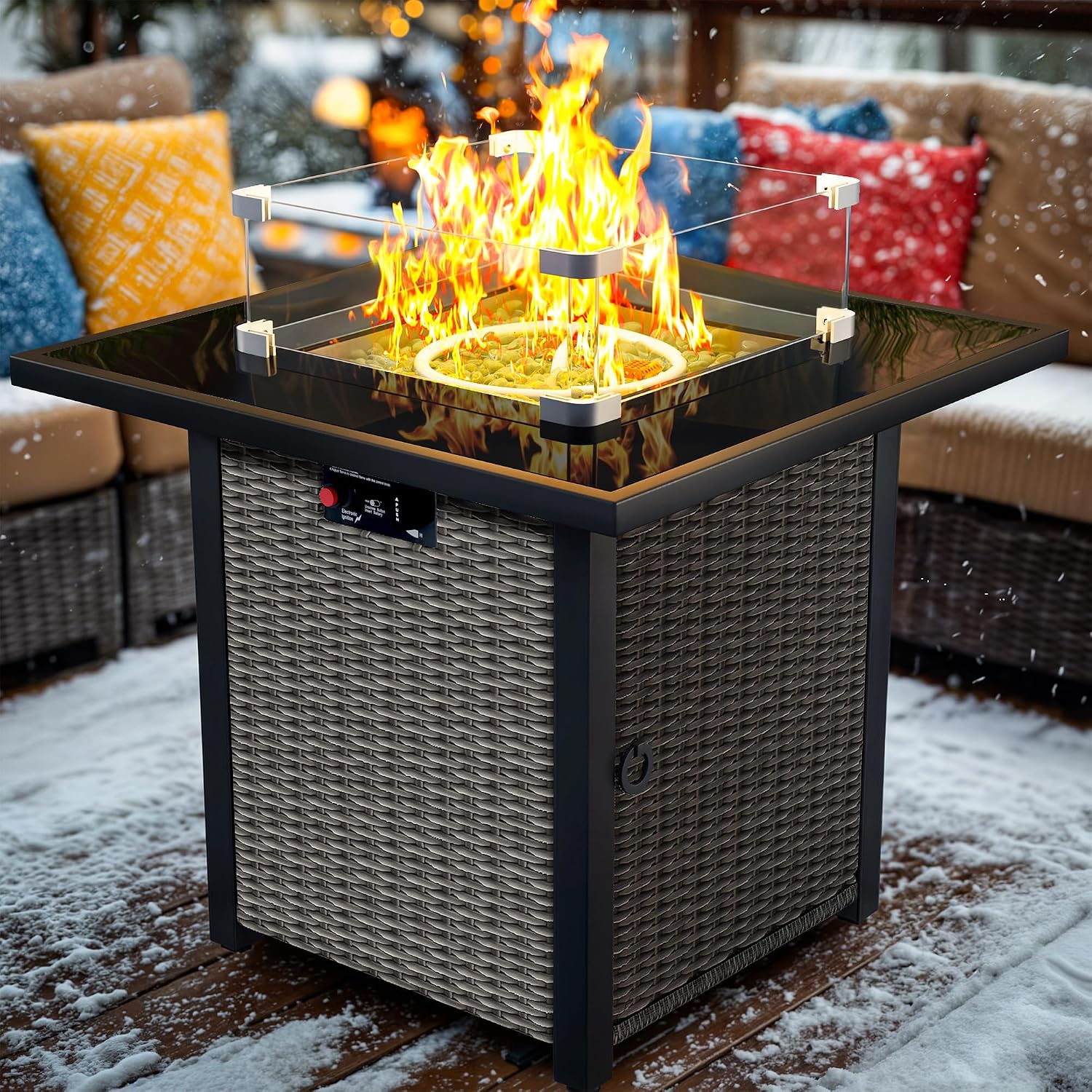 Propane Fire Pit Table, Outdoor Fire Pit Table, 28' Rattan Square Outdoor Gas FirePit with Glass Wind Guard, Tempered Glass Tabletop, Lid, CSA Listed, 50,000 BTU, Outside Patio Deck & Garden, Black