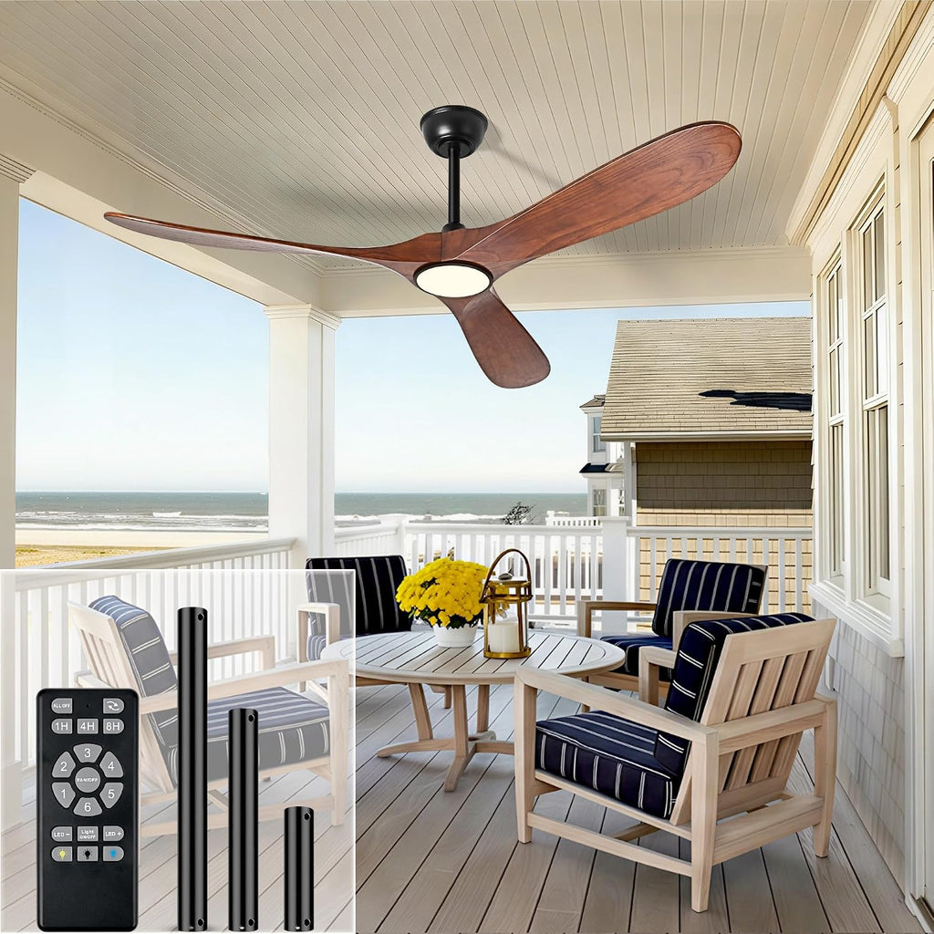 60 Inch Ceiling Fans with Lights and Remote, Wood Outdoor Ceiling Fan with 6 Speed Noiseless DC Motor, Indoor Modern 3 Blade Propeller Ceiling Fan for Bedroom Living Room Gazebo Patio(Walnut)