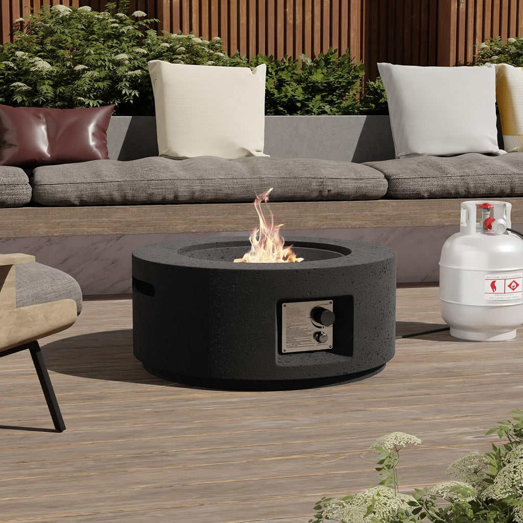 SUNBURY Outdoor Travertine Fire Pit Table, 28 inches Round Propane Gas Patio Fire Pit 40,000 BTU Concrete, Circular Base Small Firepit with Lava Rocks, Waterproof Cover (Grey)