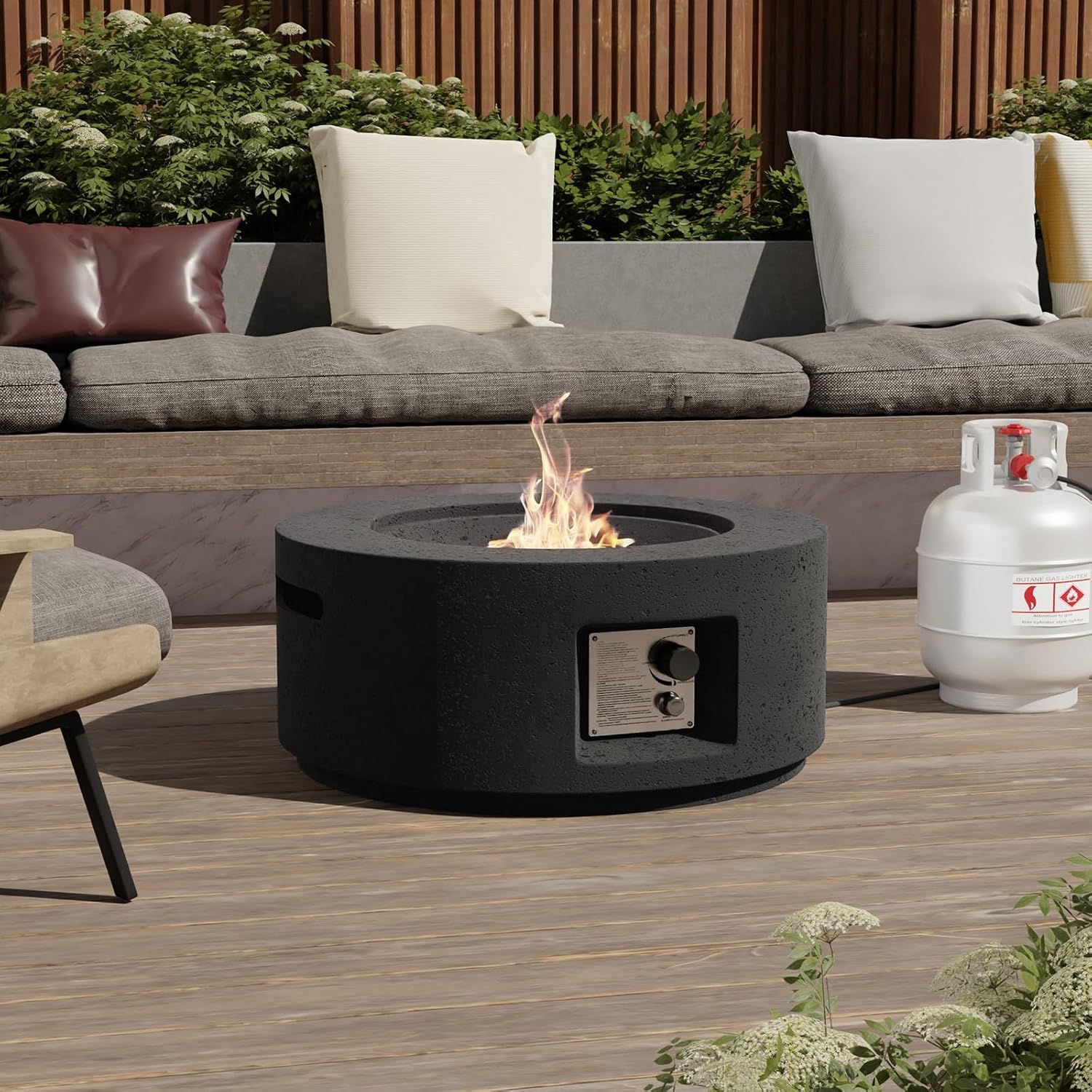 SUNBURY Outdoor Travertine Fire Pit Table, 28 inches Round Propane Gas Patio Fire Pit 40,000 BTU Concrete, Circular Base Small Firepit with Lava Rocks, Waterproof Cover (Grey)