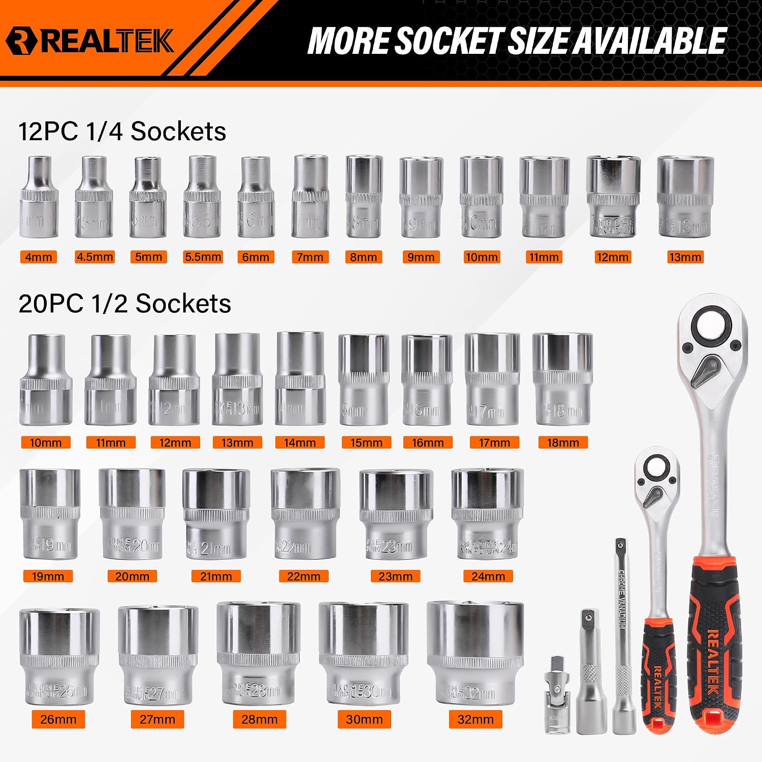 REALTEK 100 Piece Mechanic Tool Set, Car Tool Kit, Cr-V Socket Wrench Auto Repair Kit Includes Socket Accessories, Pliers, Heavy Hammer, Screw Drivers, General Households Tools with Larger Case