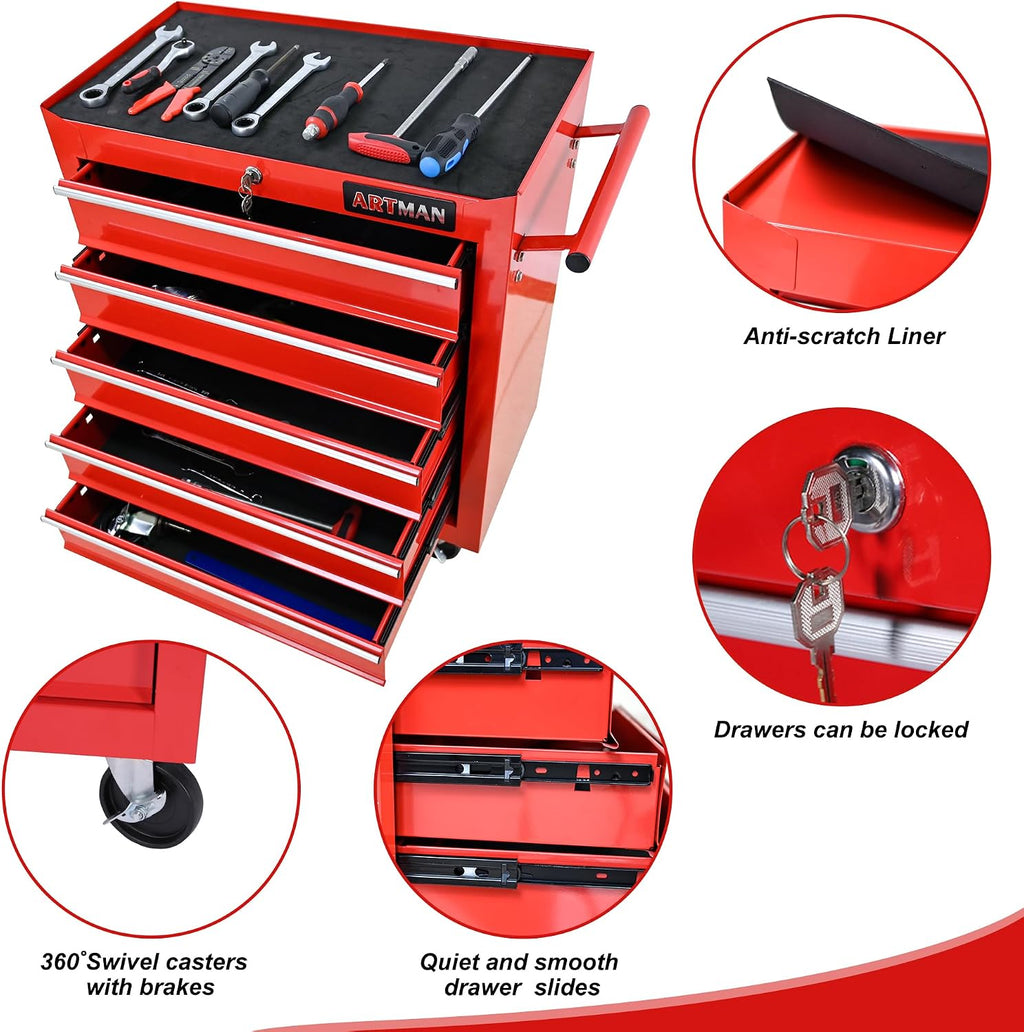5 Drawers Tool Cart on Wheels, 5 Drawer Rolling Tool Chest with Key Lock, Trolley Organizer Tool Case, Multifunctional Rolling Tool Box for Garage,Warehouse,Workshop,Repair Shop (Red)