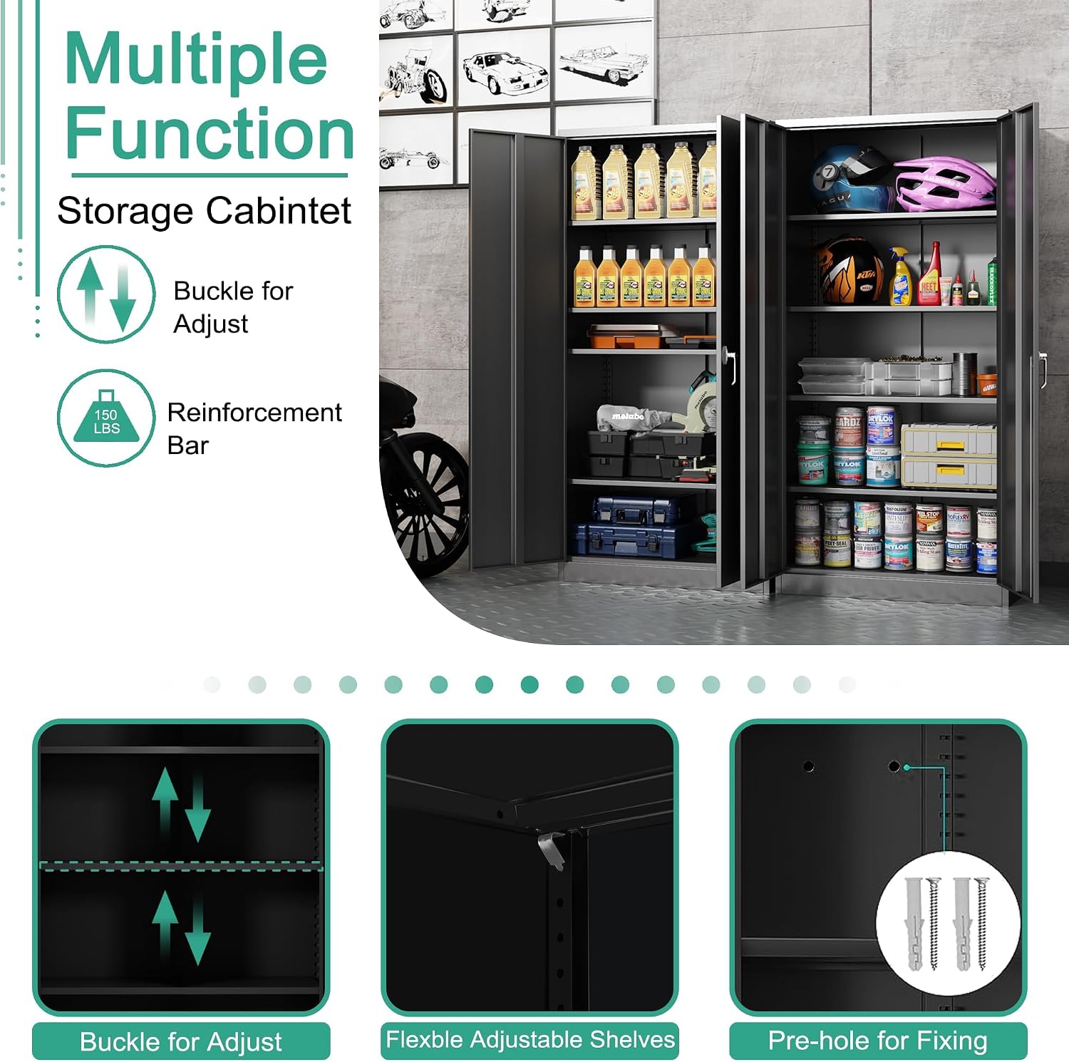 Black Metal Storage Cabinet with Door, Locking Steel Cabinet with 4 Adjuestable Shelves, Tall Lockable Garage Tool Storage Cabinet for Home, Office, Pantry, Assembly Required