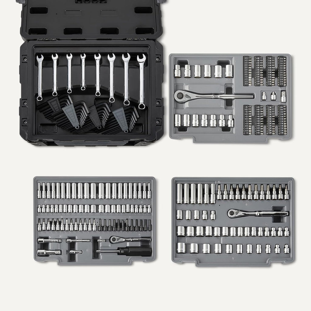 Amazon Basics 287-Piece Mechanic Tool Set with Sockets, Ratchets & Wrenches, 1/4', 3/8', 1/2' Quick-Release, Metric and SAE - 3-Drawer Case