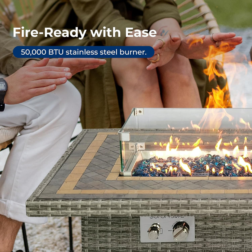SereneLife Outdoor Propane Fire Pit Table, 50,000 BTU Wicker Gas Firepit with Tile Tabletop, with Glass Wind Guard and Decorative Glass Stones, CSA Certified, Weatherproof Cover, 43'x27'x25'