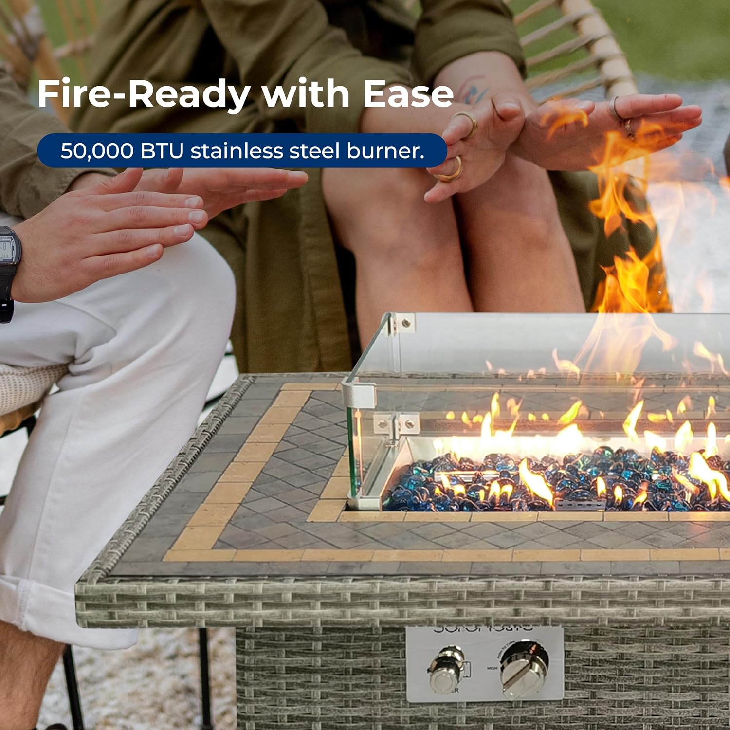 SereneLife Outdoor Propane Fire Pit Table, 50,000 BTU Wicker Gas Firepit with Tile Tabletop, with Glass Wind Guard and Decorative Glass Stones, CSA Certified, Weatherproof Cover, 43'x27'x25'