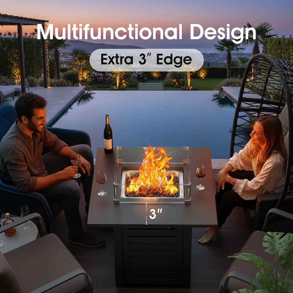 28 Inch Outdoor Propane Fire Pit,50,000 BTU Gas Fire Pit Table with Steel Lid,304 Stainless Steel H-Burner,Wind Guard,Fire Pits for Patio Deck,Black