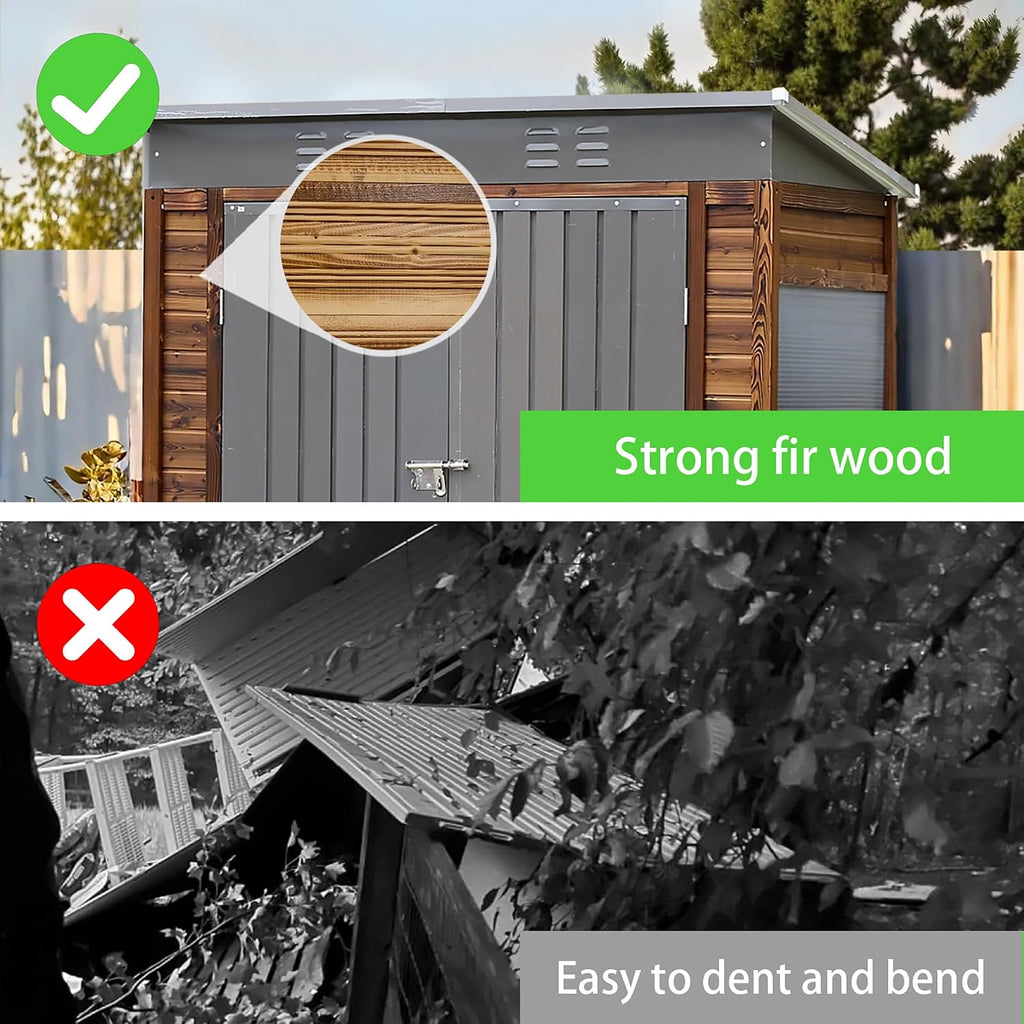 3x5 FT Outdoor Tool Shed, Wood-Iron Combination Storage Shed with Ventilation, Weather-Resistant Roof, Lockable Doors & Wood Grain Finish for Backyard and Garden