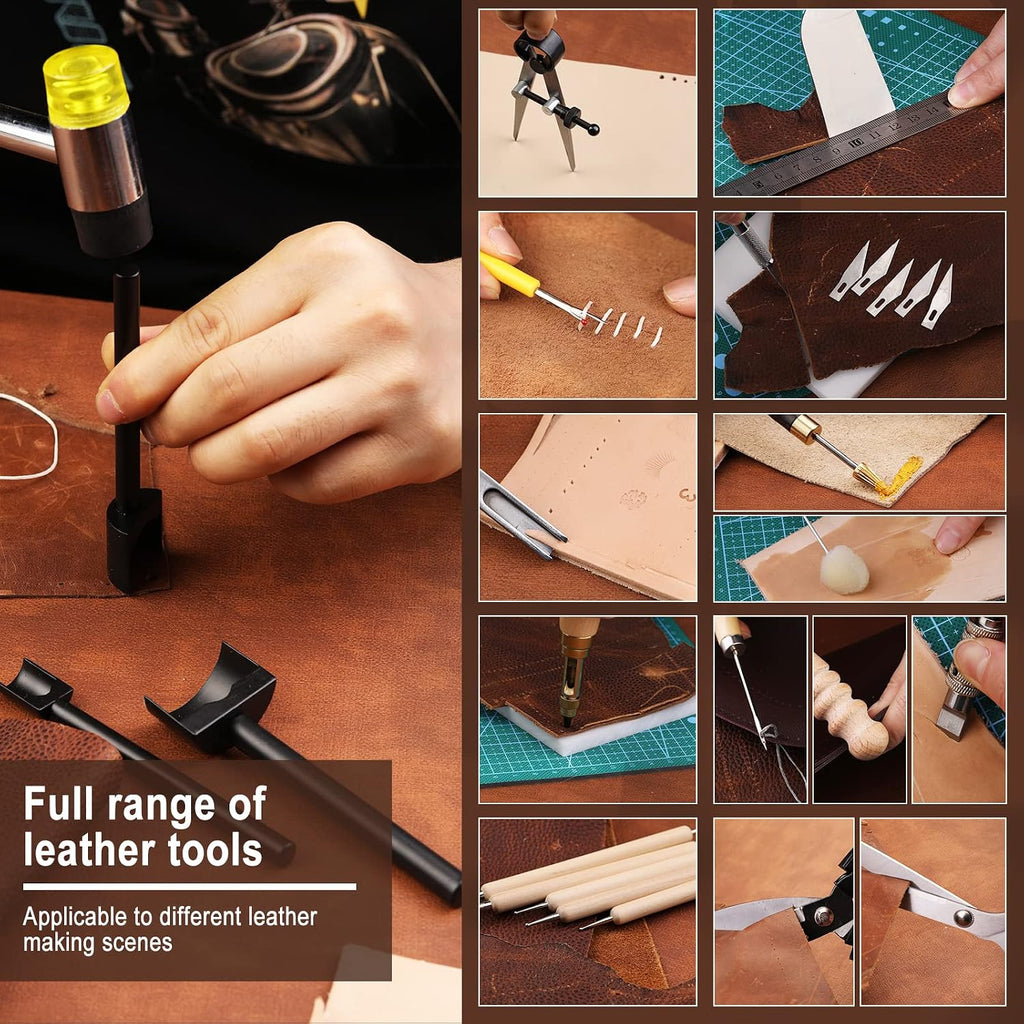 628Pcs Leather Working Tooling Set for Beginners, Starter Working and Tool Supplies with Leather Pony, Tooling Box, Stamping Punching Tools, Sewing Thread, Rivets Kit for DIY Crafts