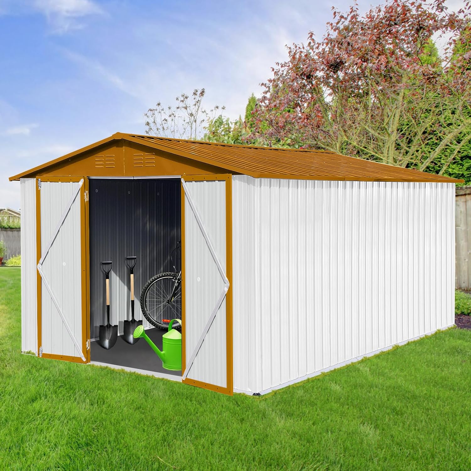 KEIKI 10x12 FT Outdoor Metal Garden Storage Shed with Vents,Hooks and Lockable Door,Peaked Roof for Yard Lawn