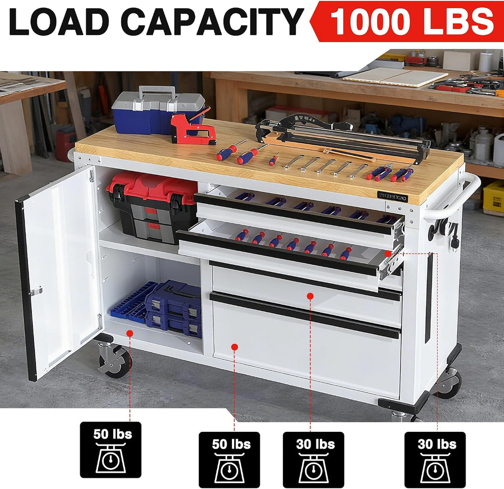 WORKPRO 52' x 20' 5-Drawer & 1-Door Rolling Tool Chest, Heavy Duty Tool Chest with Wheels, Power Strip, Locking System, Rolling Cabinet for Garage, Home & Kitchen, 1000 lbs Capacity