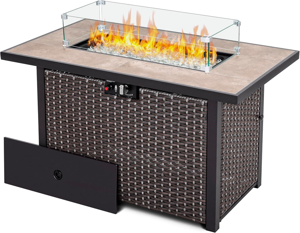 Nuu Garden 43' Propane Fire Pit Table, CSA Certified 50,000 BTU Outdoor Patio Propane Fire Pit Table with Fire Pit Wind Guard, Removable Lid, Ceramic Tabletop, Water-Proof Oxford Cover, Dark Brown