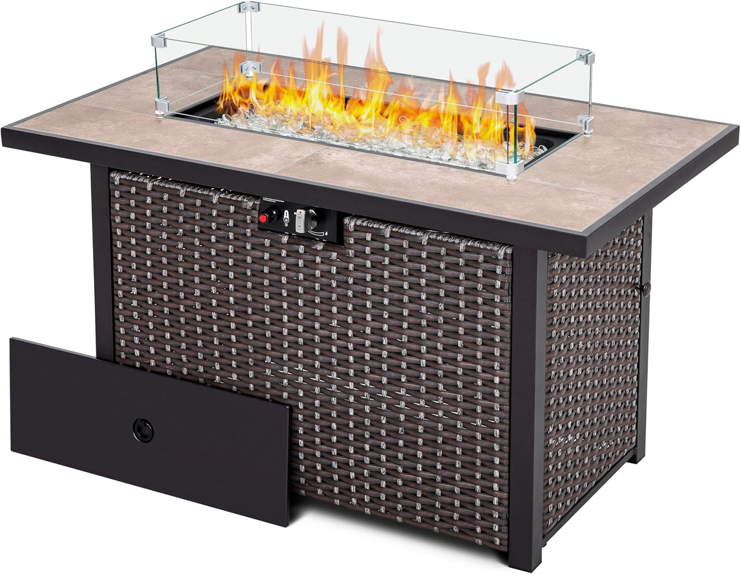 Nuu Garden 43' Propane Fire Pit Table, CSA Certified 50,000 BTU Outdoor Patio Propane Fire Pit Table with Fire Pit Wind Guard, Removable Lid, Ceramic Tabletop, Water-Proof Oxford Cover, Dark Brown