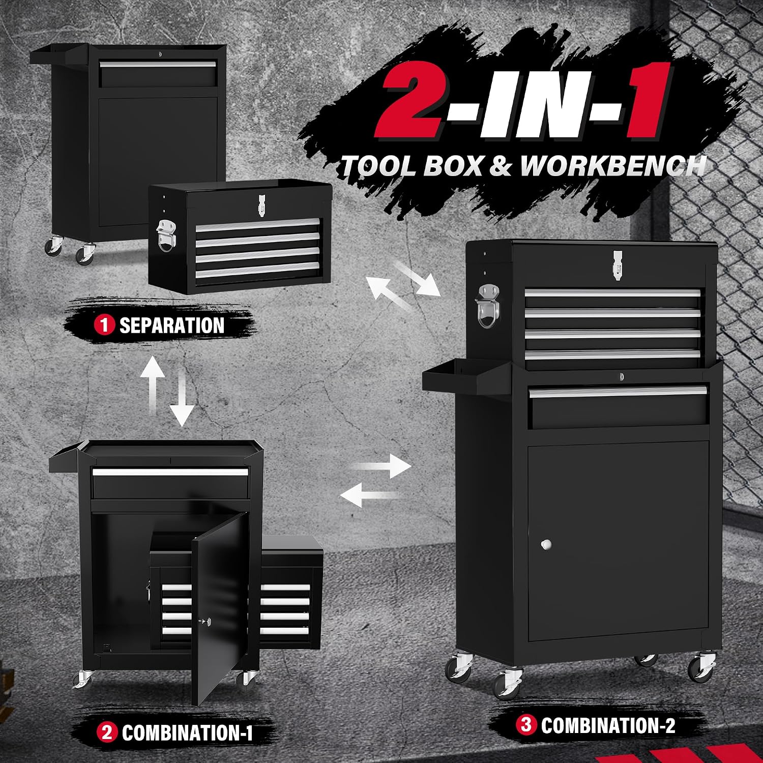 Greenvelly Metal Tool Chest,5-Drawer Black Tool Box with Wheels,2 in 1 Detachable Tool Cabinets with Liners and Locking System for Warehouse, Garage,Workshop, Barbershop