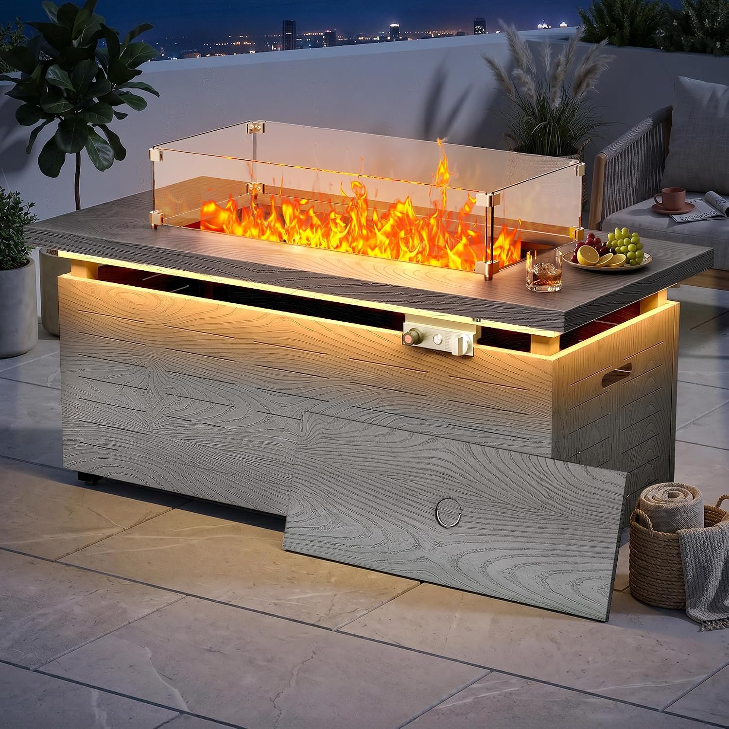 51' Propane Fire Pit Table, 50,000 BTU Outdoor Gas Fire Pit with Glass Wind Guard, Side Open Tank Storage, Wood Grain Patio Heater with Lid & Cover, Blue Fire Glass, Gray