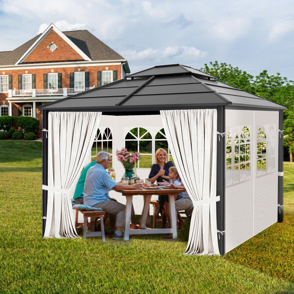 Gazebo Privacy Curtains 10' x 12' with PVC Windows, 4-Panels Side Wall with Zipper Universal Replacement for Patio, Outdoor Canopy, Garden and Backyard, Beige