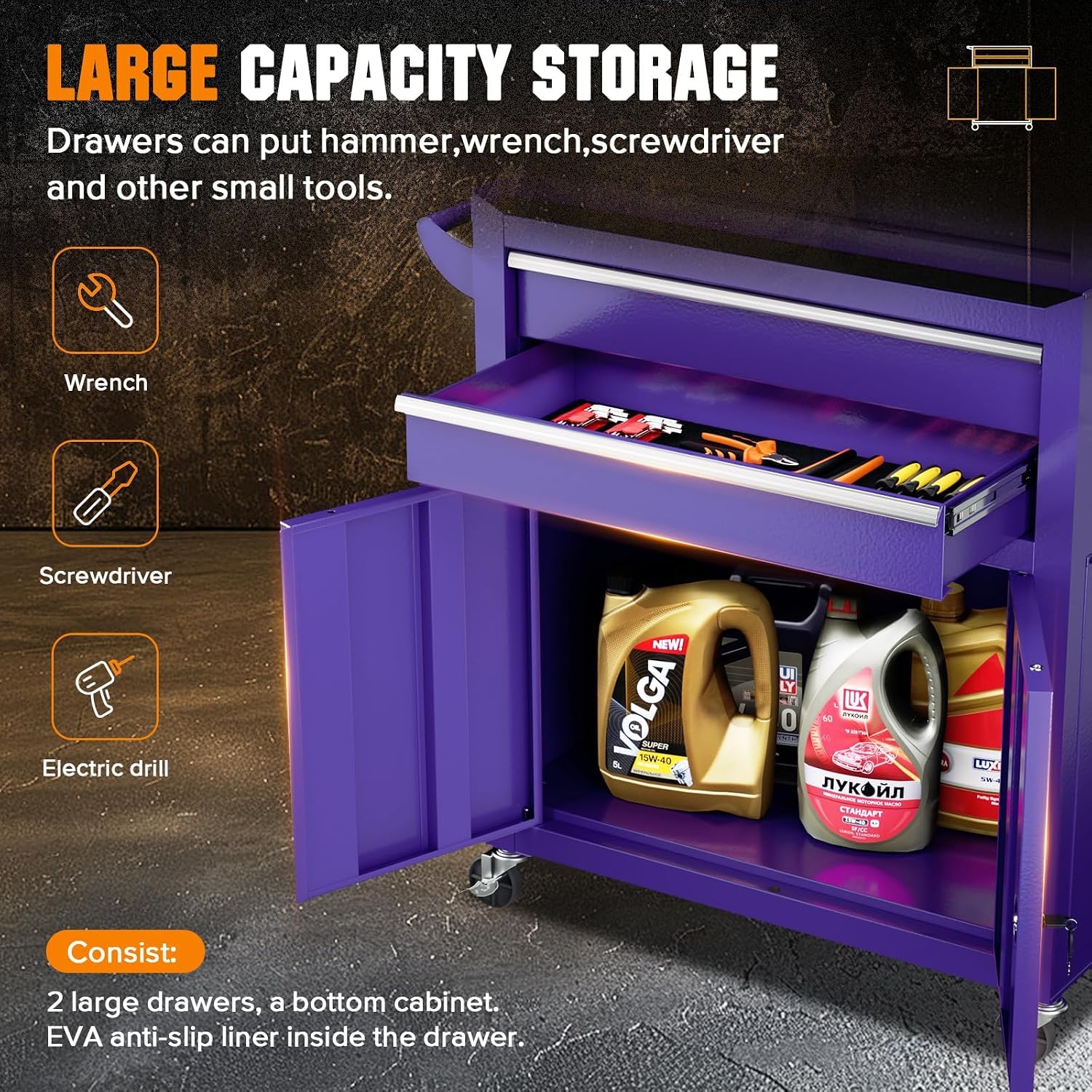 8-Drawer Rolling Tool Chest - Heavy-Duty Steel Tool Cabinet with Detachable Top Box, Locking Wheels & Security System for Garage/Workshop, 2-in-1 Design,Purple