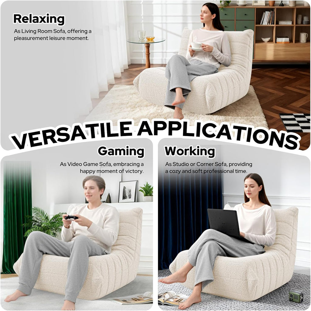 HABUTWAY Bean Bag Chairs Fireside Lazy Floor Sofa, Soft Teddy Fleece Bean Bag Sofa with High-Resilience Foam Filling，Beanbag for Living Room, Bedroom, Office (Beige Teddy)