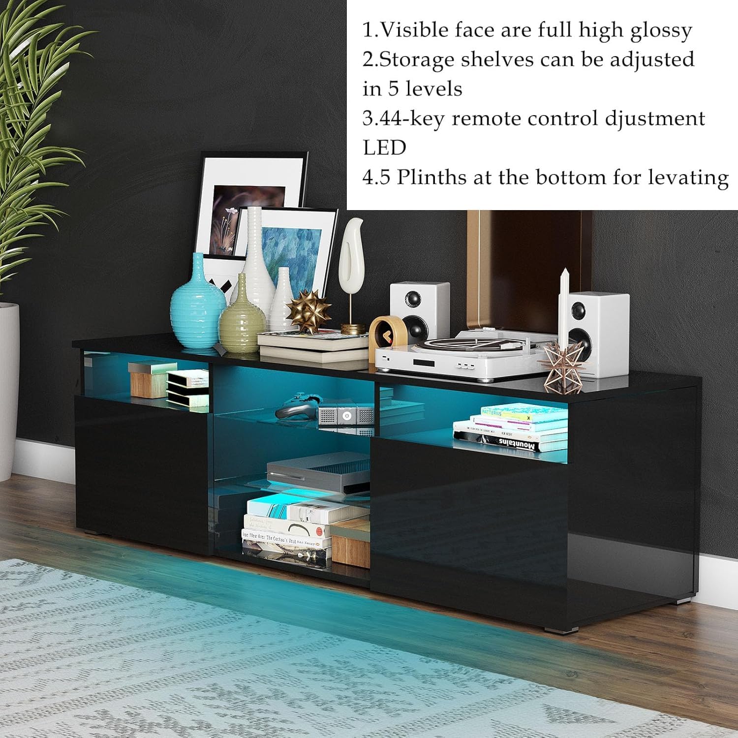 Hlivelood 57' Large LED TV Stand for 65/60/55Inch TV, High Glossy Black TV Stand for Living Room,Modern Gaming TV Entertainment Center with Adjustable Storage Shelf,TV Console(Black)