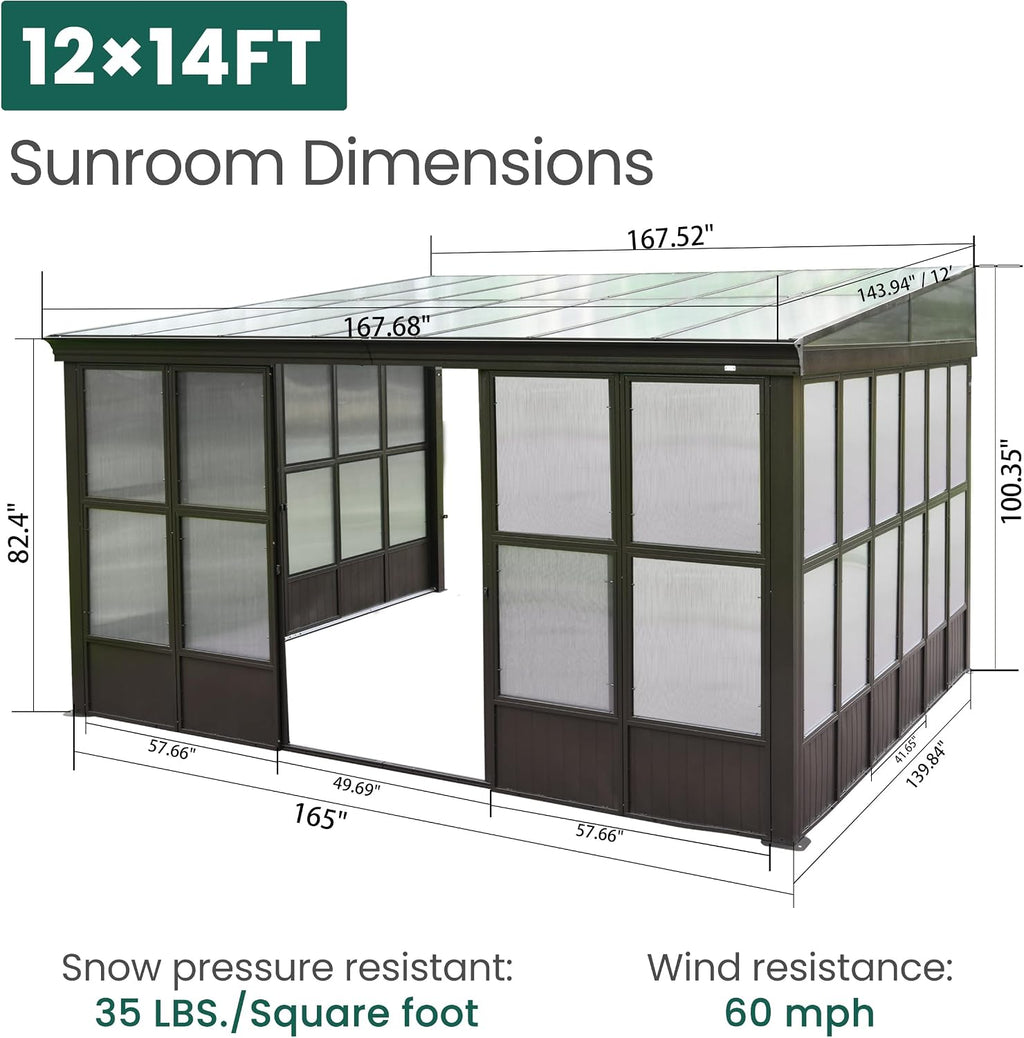 Domi Wall Mounted Sunroom 12x14FT, Wall Solarium with Aluminum PC Sloping Roof, Detachable PC Screen House, Lockable Sliding Front and Side Doors, Outdoor Lean-to Gazebo, Sun Room for Deck Patio