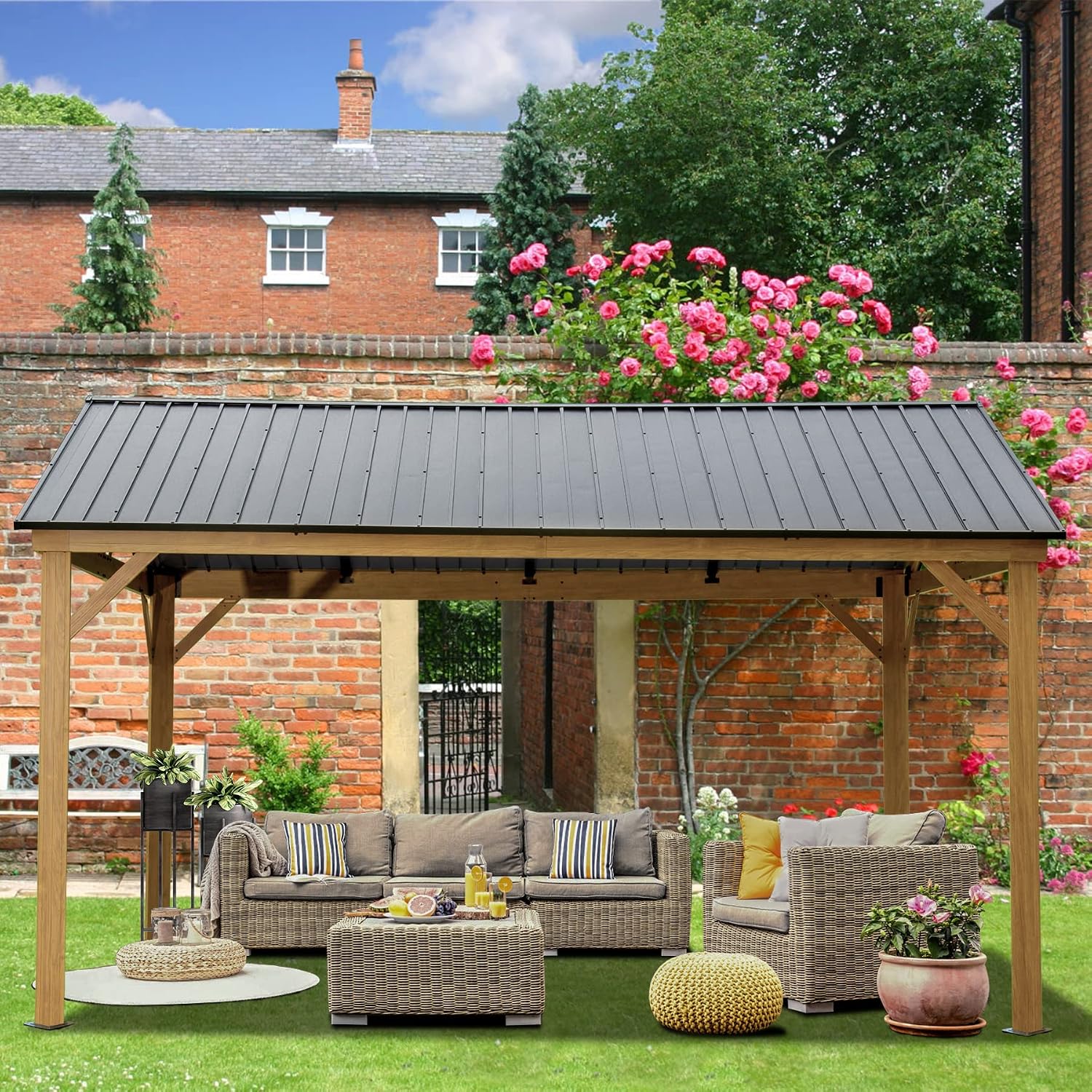 Domi 12'x14' Hardtop Gazebo Outdoor Aluminum Gazebo with Galvanized Steel Gable Roof for Lawn and Garden(Wood-Looking)