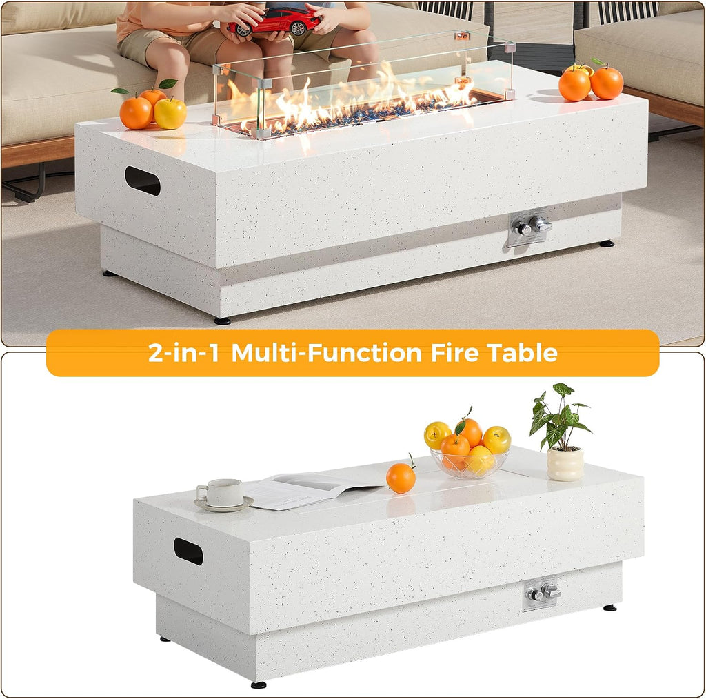IRONCK 50-Inch Outdoor Propane Fire Pit Table w Tank Table, CSA Certified, Rectangular Patio Fire Pit w Glass Rocks, Wind Guard and Cover, 58000 BTU 2 in 1 Outdoor Heater for Deck Garden, White