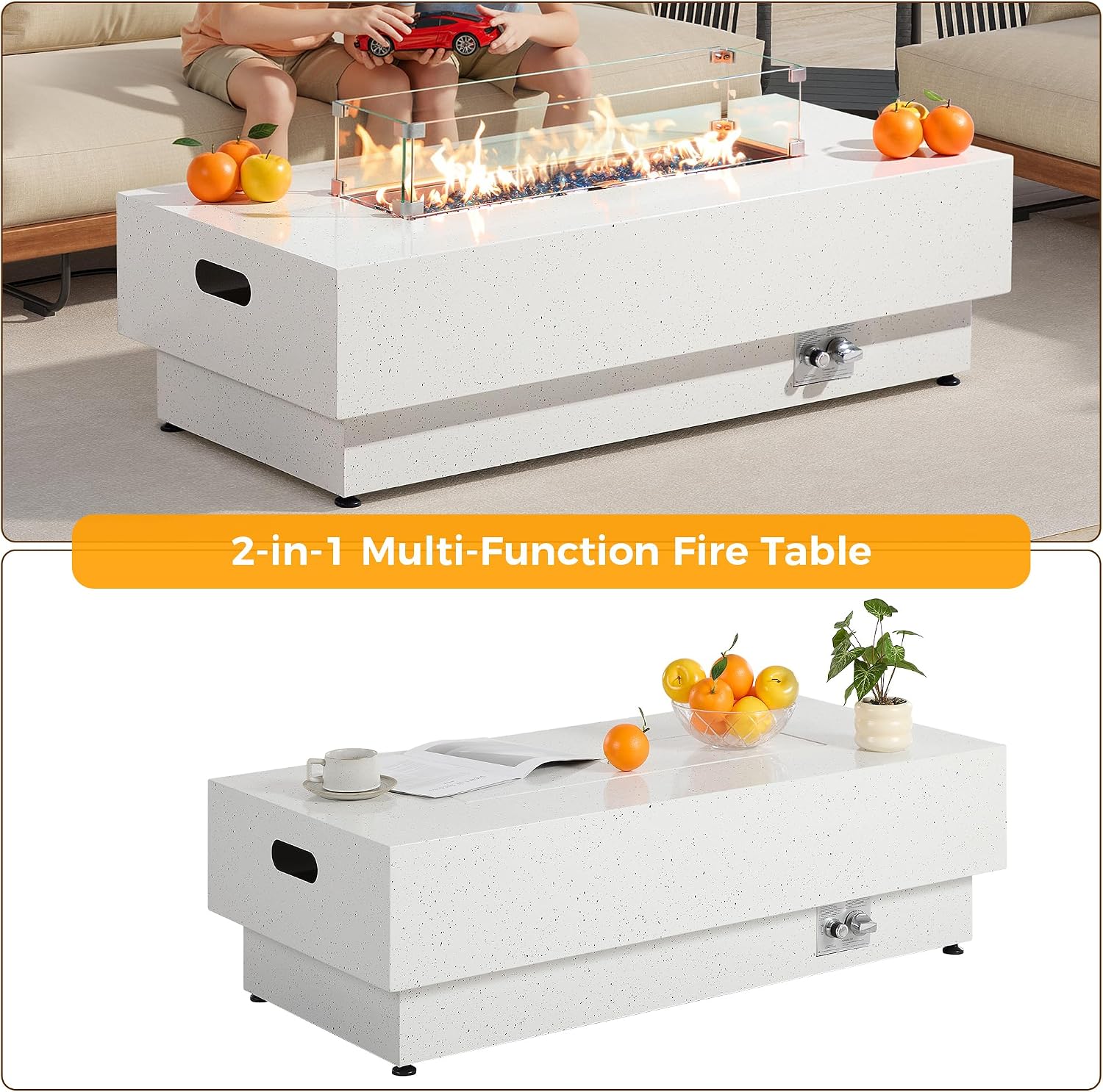IRONCK 50-Inch Outdoor Propane Fire Pit Table w Tank Table, CSA Certified, Rectangular Patio Fire Pit w Glass Rocks, Wind Guard and Cover, 58000 BTU 2 in 1 Outdoor Heater for Deck Garden, White