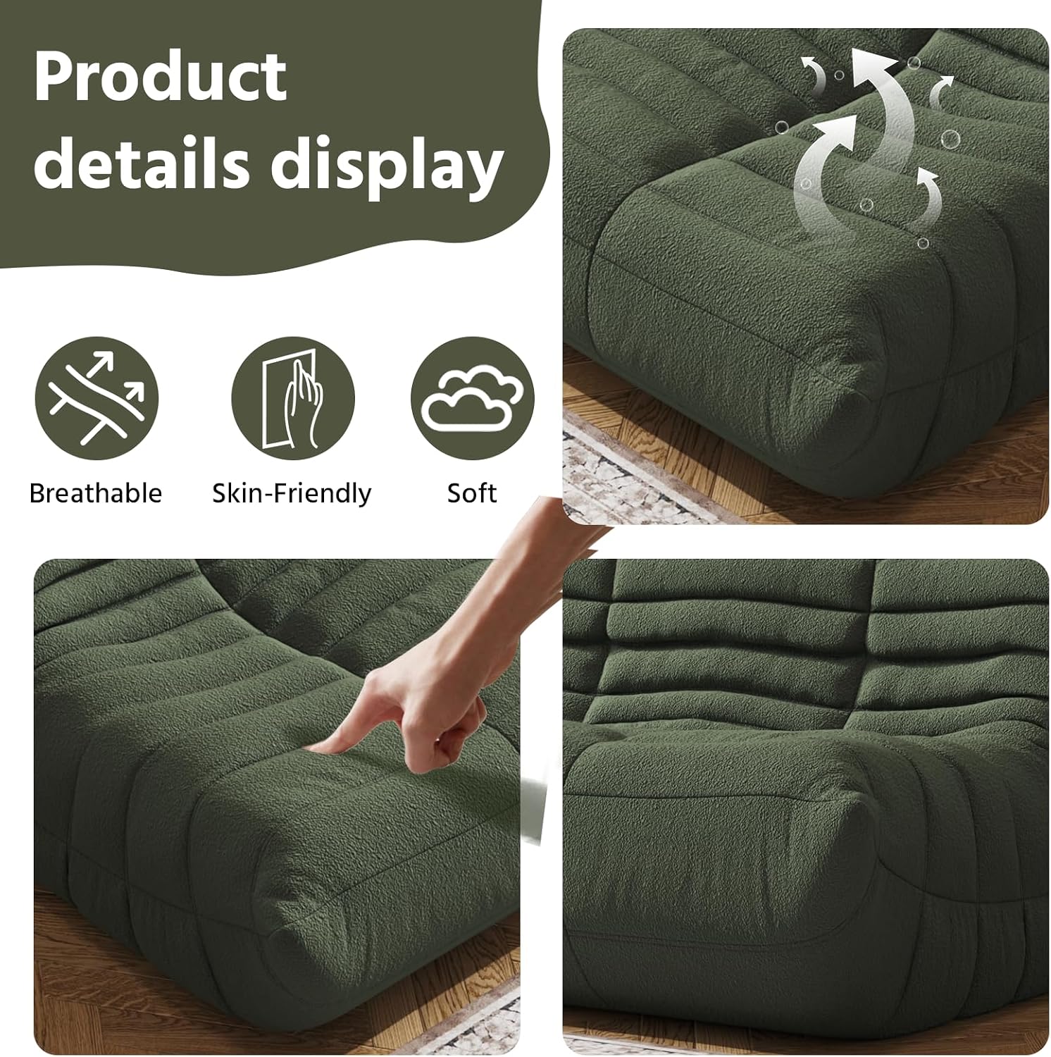 3-Seater Giant Loveseat Boneless Bean Bag Chair for Adults - Teddy Fleece Fireside Accent Chair with Memory Foam, Comfy Lazy Floor Sofa Couch Chaise Lounge for Living Room Bedroom Theater
