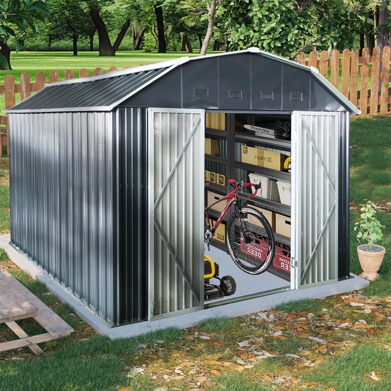 10 x 12 FT Outdoor Metal Storage Shed, with Arch Roof, with Lockable Doors for Backyard Garden Patio Lawn, Black