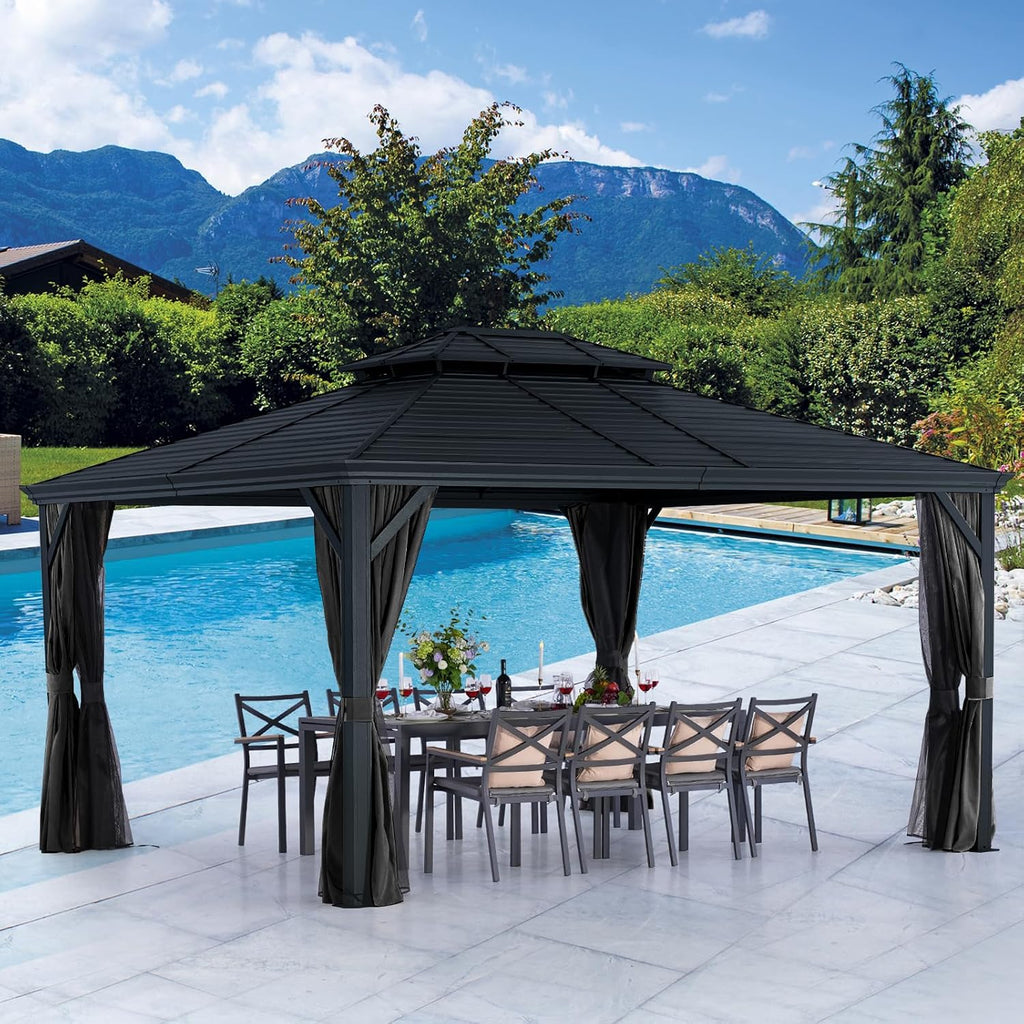 LeDoasis Nova 12' X 14' Hardtop Gazebo, Permanent Aluminum Metal Canopy with Galvanized Steel Double Roof, for Patio Lawn and Garden, Curtains and Netting Included