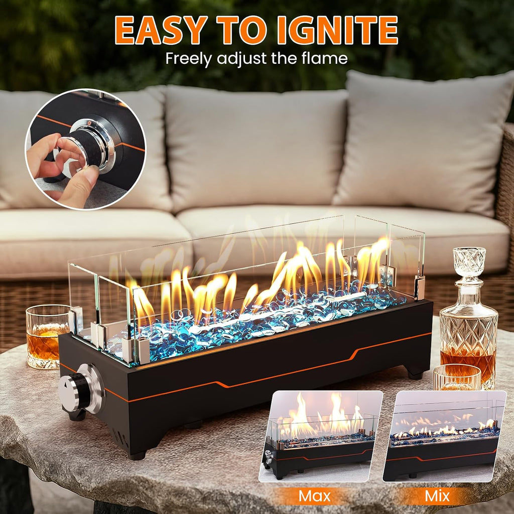 GRISUN Tabletop Fire Pit,20 Inch Propane Fire Pit Table,40000 BTU Table Top Firepit with Glass Wind Guard,Stainless Steel Burner,Fire Glass,Portable Propane fire Pit for Patio, Camping, Backyard & RV