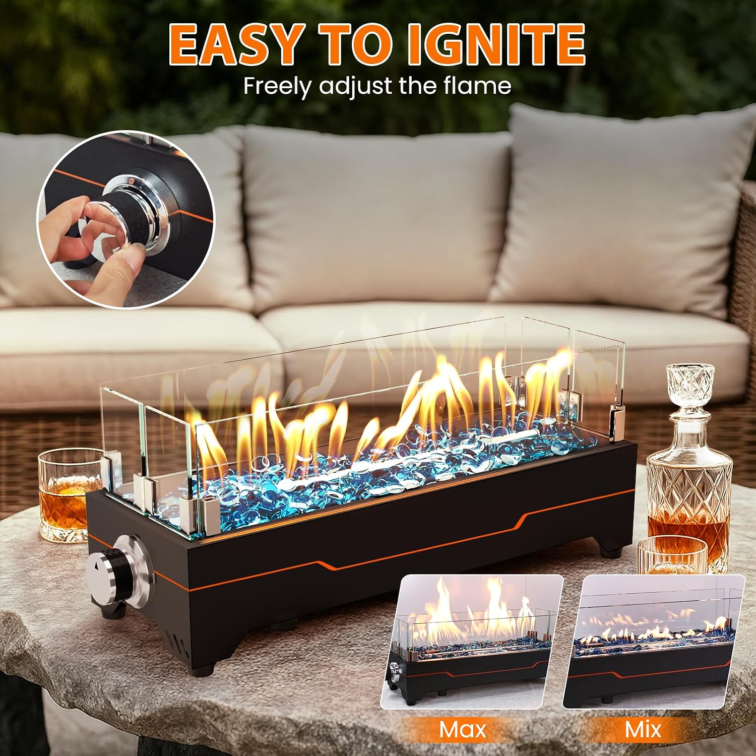 GRISUN Tabletop Fire Pit,20 Inch Propane Fire Pit Table,40000 BTU Table Top Firepit with Glass Wind Guard,Stainless Steel Burner,Fire Glass,Portable Propane fire Pit for Patio, Camping, Backyard & RV