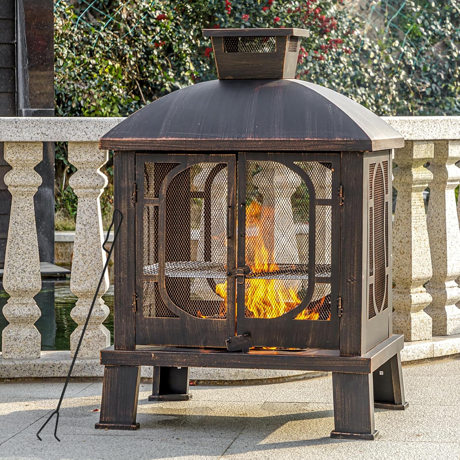 Panovue 45' H×31''W Metal Chiminea Fire Pit with Grill, Wood Burning Fire Pits for Outside,Square Chimineas Fireplace with Mesh Spark Screen Door& Fire Poker for Garden,Yard,BBQ,Bonfire (Black&Gold)
