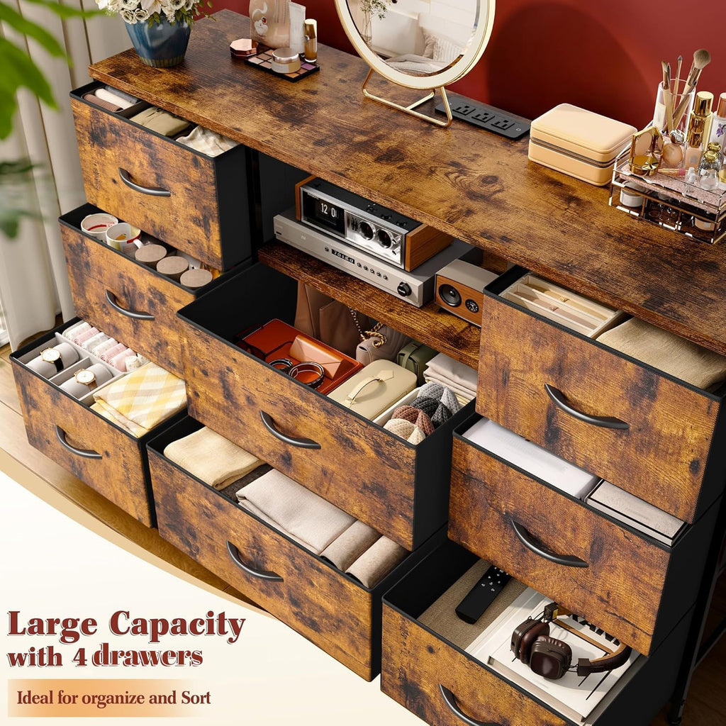 Dresser for Bedroom with Charging Station, 8 Drawers Dressers & Chests of Drawers for 50 55 inch TV, Dresser TV Stand for Bedroom, Fabric Dresser with Open Shelves for Living Room Hallway, Brown