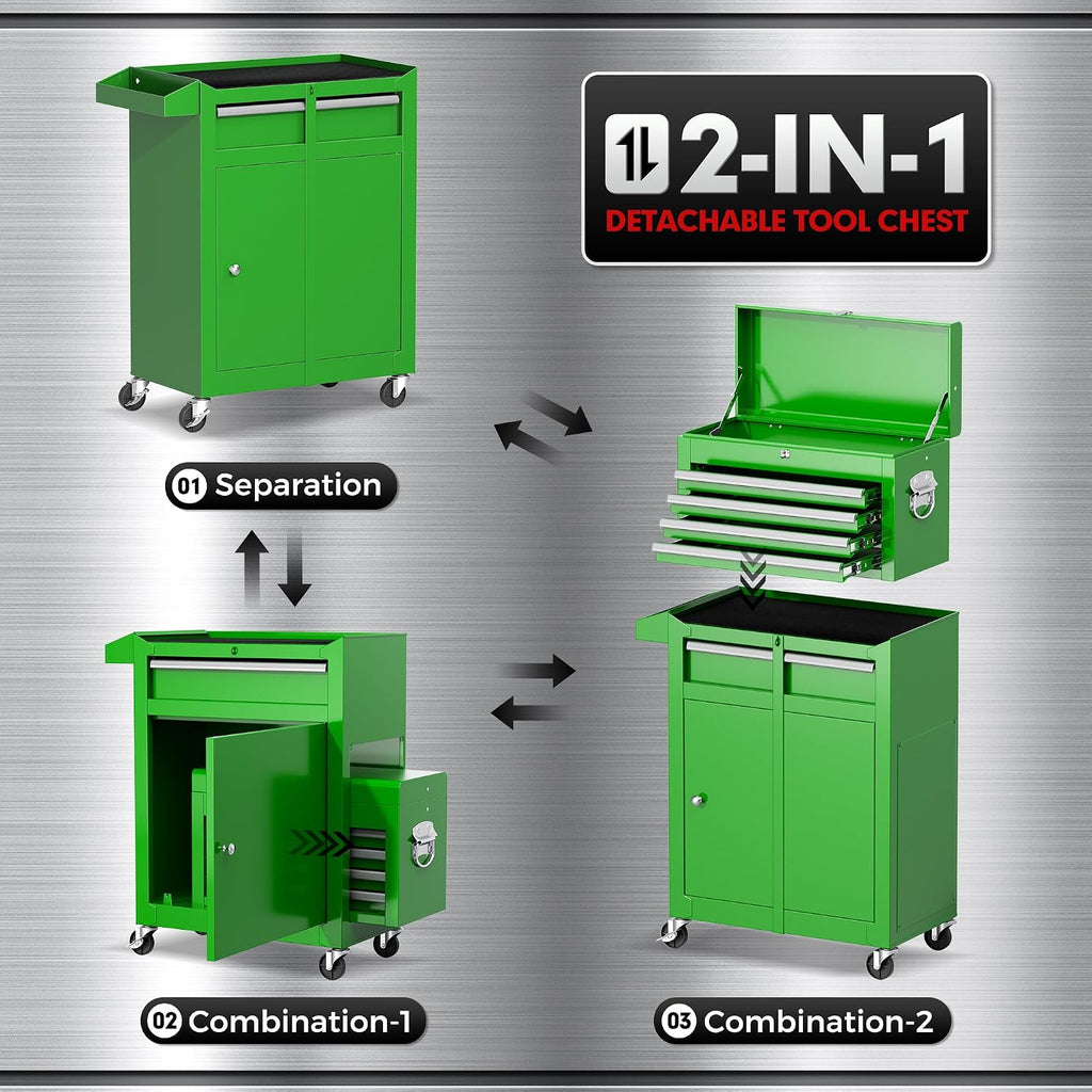 5-Drawer Rolling Tool Chest - Heavy-Duty Steel Tool Cabinet with Detachable Top Box, Locking Wheels & Security System for Garage/Workshop, 2-in-1 Design (Green)
