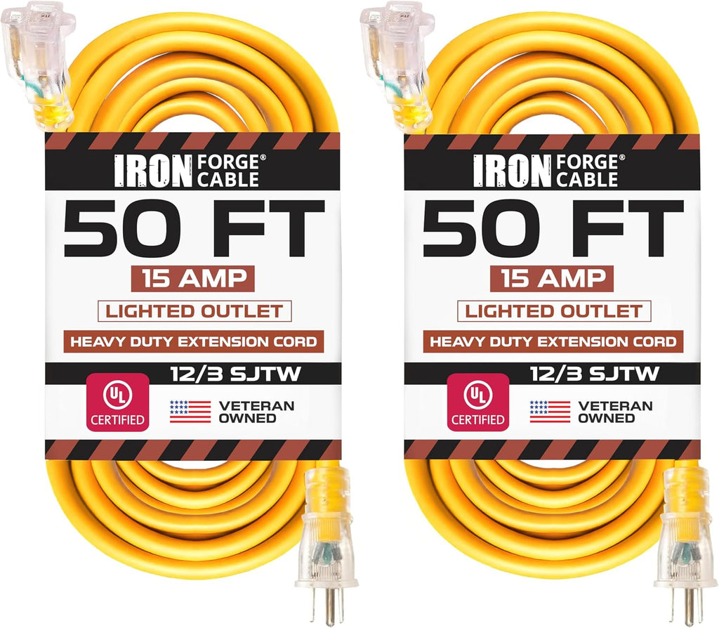 IRON FORGE CABLE 2 Pack of 50 Ft Outdoor Extension Cords - 12/3 SJTW Heavy Duty Yellow 3 Prong Extension Cable, 15 AMP - Great for Garden and Major Appliances