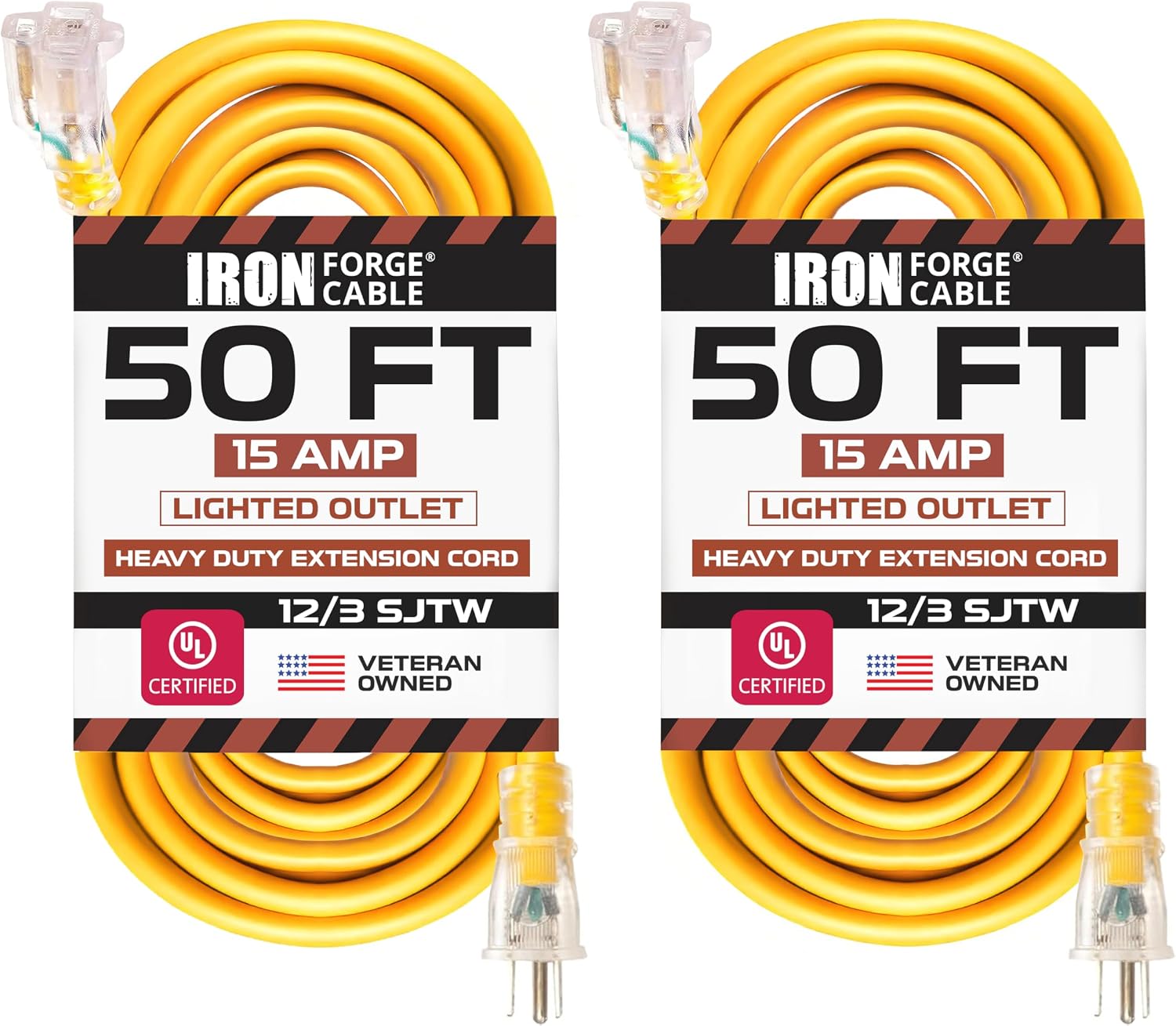 IRON FORGE CABLE 2 Pack of 50 Ft Outdoor Extension Cords - 12/3 SJTW Heavy Duty Yellow 3 Prong Extension Cable, 15 AMP - Great for Garden and Major Appliances