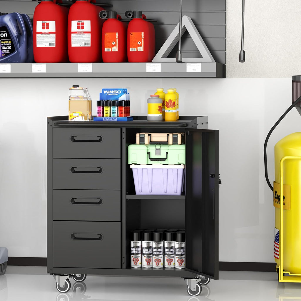 Mobile Tool Storage Cabinet with 4 Drawer and 1 Locking Doors,Heavy Duty Rolling Tool Cabinets for Garage,Metal Storage Cabinets Tool Cart on Wheels with Wheels,Assembly Required