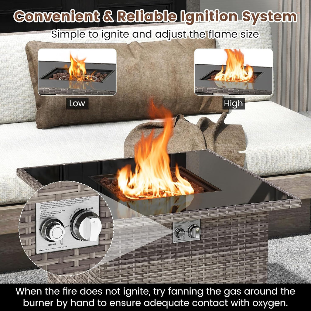 Tangkula 32.5 Inch Propane Fire Pit Table, Outdoor Rattan Gas Firepit with Tempered Glass Tabletop & Stainless Steel Burner, Square Fire Pit with Lava Rocks & Protective Cover for Outside Patio