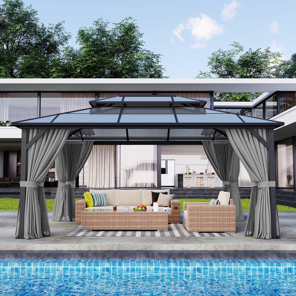 12' x 16' Double Roof Gazebo with Dark Gray Polycarbonate Panels, Sturdy Aluminum Frame, Weather-Resistant Pavilion with Curtains for Outdoor Patio, Garden, and Backyard