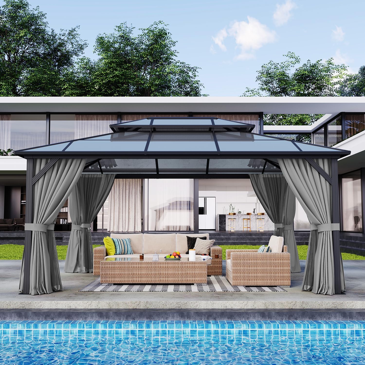 12' x 16' Double Roof Gazebo with Dark Gray Polycarbonate Panels, Sturdy Aluminum Frame, Weather-Resistant Pavilion with Curtains for Outdoor Patio, Garden, and Backyard